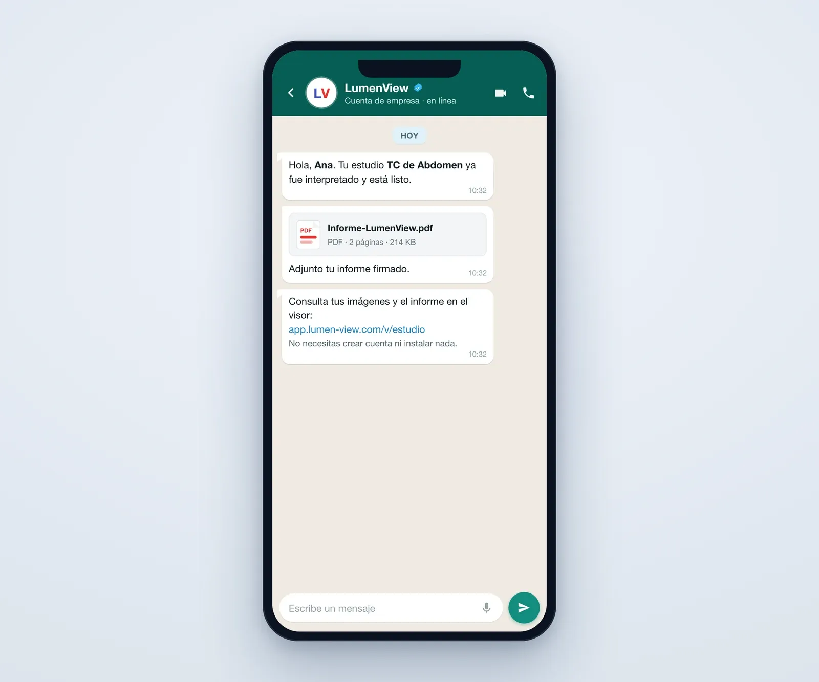 Mensaje de WhatsApp de LumenView al paciente con el enlace al visor y el PDF del informe